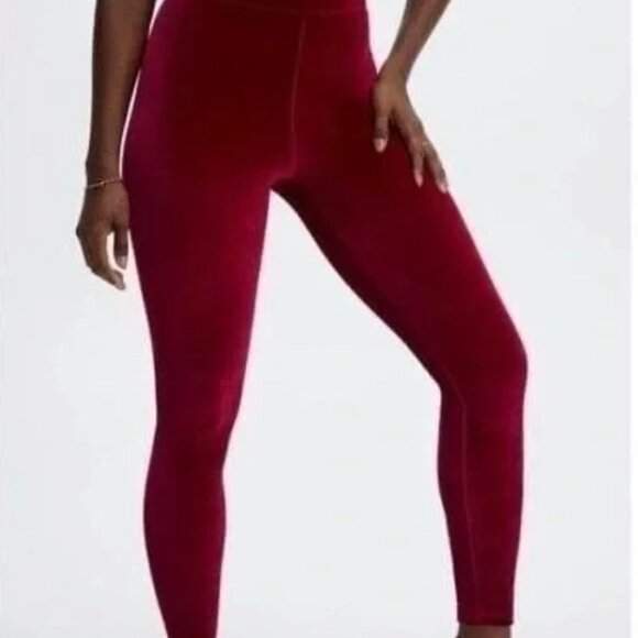 Fabletics Pants - Fabletics Velour Leggings NEW High Waisted Stretchy in Deep Burgundy, Large (10)